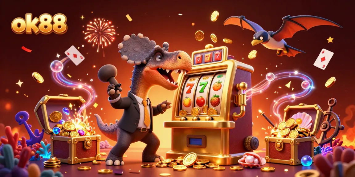 ok88 engages in a vibrant casino scene with a dinosaur theme, celebrating jackpot wins and excitement.
