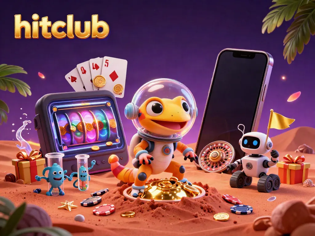 Experience hitclub with a Martian gecko discovering a golden casino amidst playful alien elements.