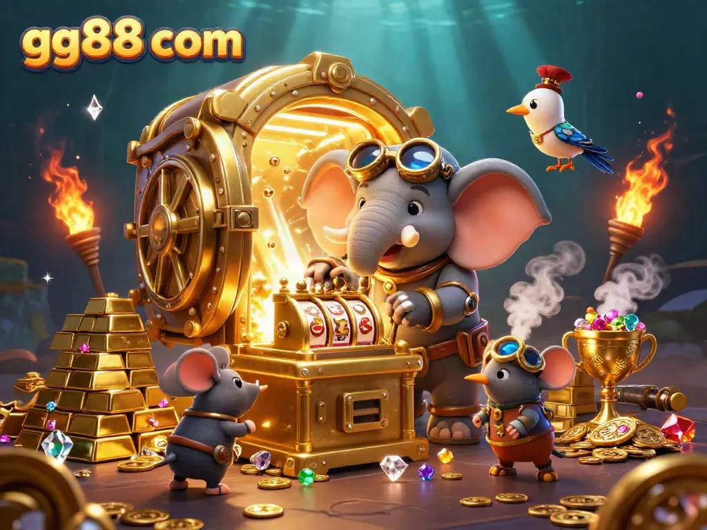 Spin the reels and unlock treasures at gg88 com, featuring a steampunk elephant in a vibrant casino setting.