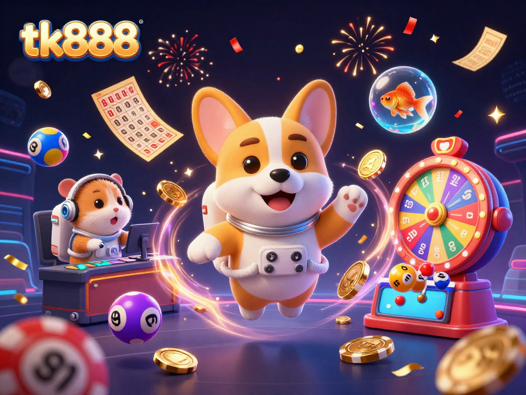 Experience the excitement of tk888 gaming with a vibrant 3D illustration featuring an astronaut corgi in a space casino.