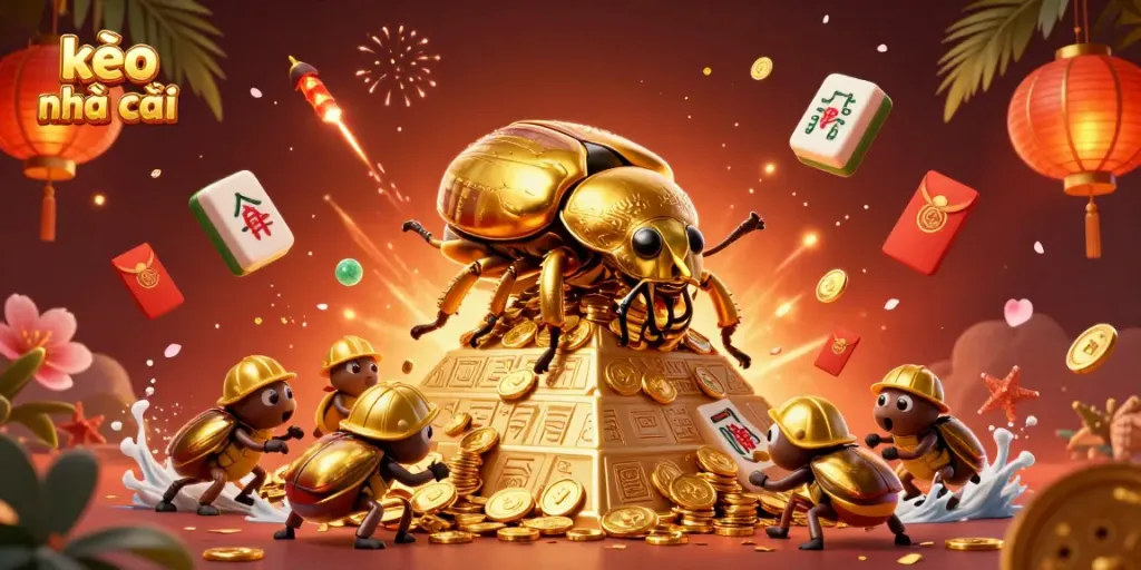 Engage with kèo nhà cái in an exciting scene showcasing golden beetles rolling coins and symbol-filled pyramids.