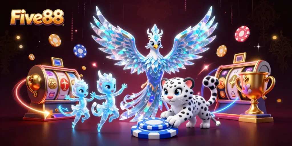 Experience the excitement of Five88 with an enchanting 3D depiction showcasing vivid casino elements.
