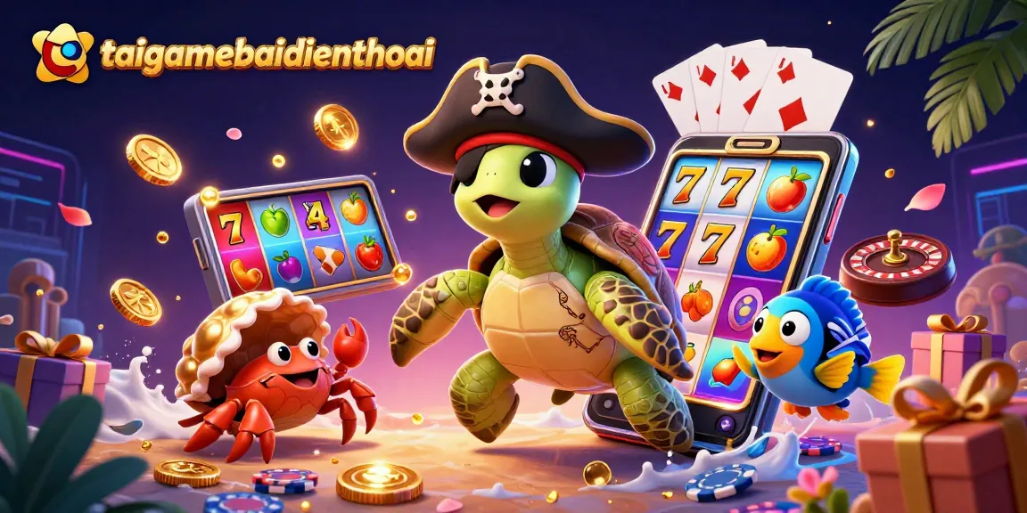 Crossover casino adventure with taigamebaidienthoai featuring a pirate turtle, a hermit crab, and treasure above slot games.