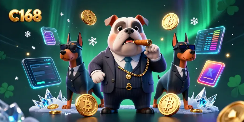 Experience the thrill of C168 casino with a mafia boss bulldog and bodyguard Dobermans amid sparkling crypto coins.