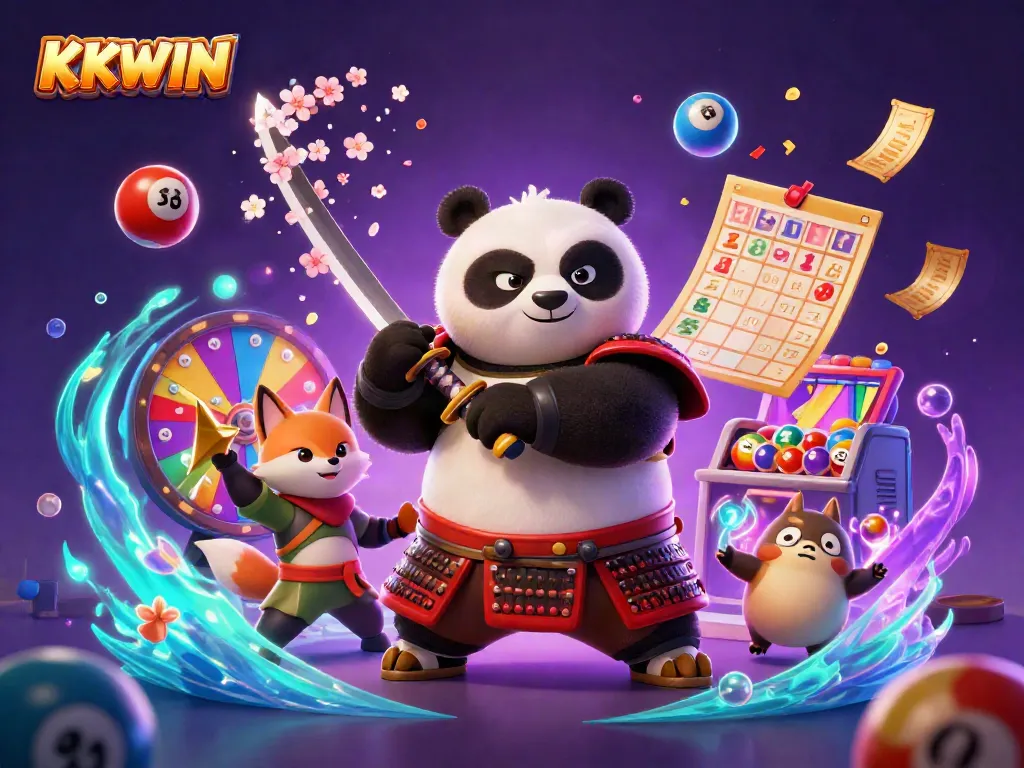 KKWIN showcases a vibrant samurai panda and ninja fox in a dynamic casino scene full of exciting games.