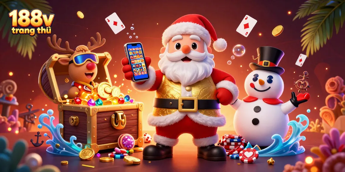 Experience thrilling gaming at 188v trang chủ with Santa, slots, and vibrant casino elements.