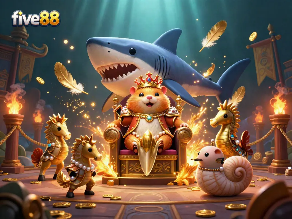Experience the excitement of five88 with a fierce hamster king overseeing a wealth of casino treasures in an underwater kingdom.