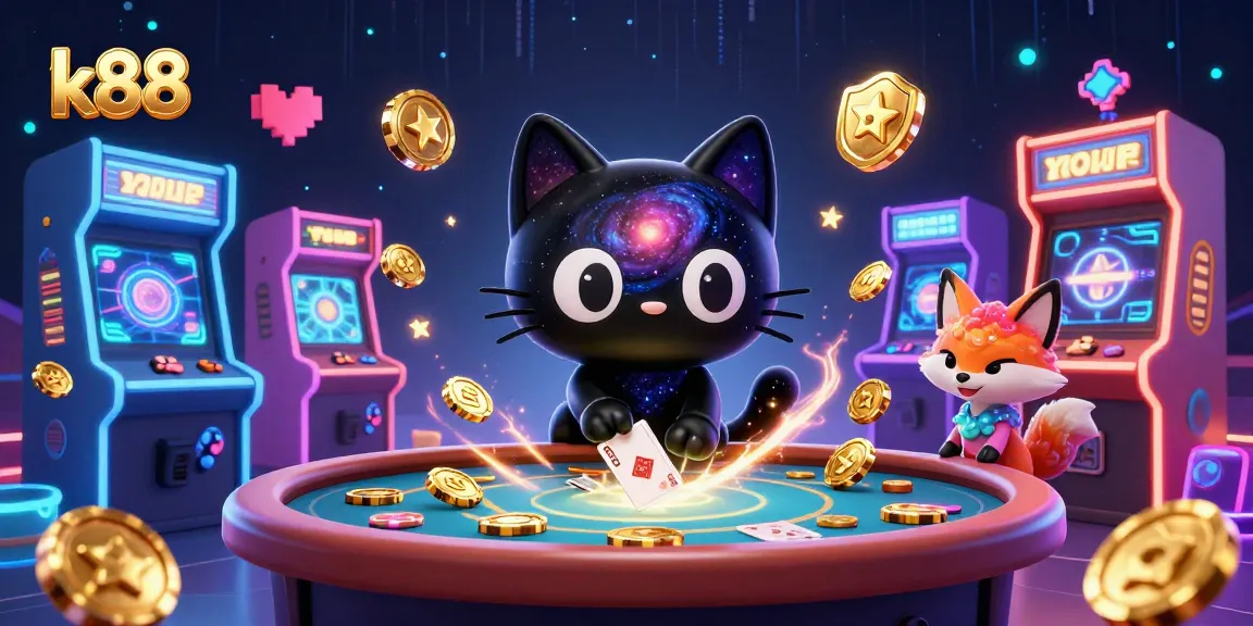 K88 players experience cosmic gaming with vibrant animated elements and colorful casino decor.