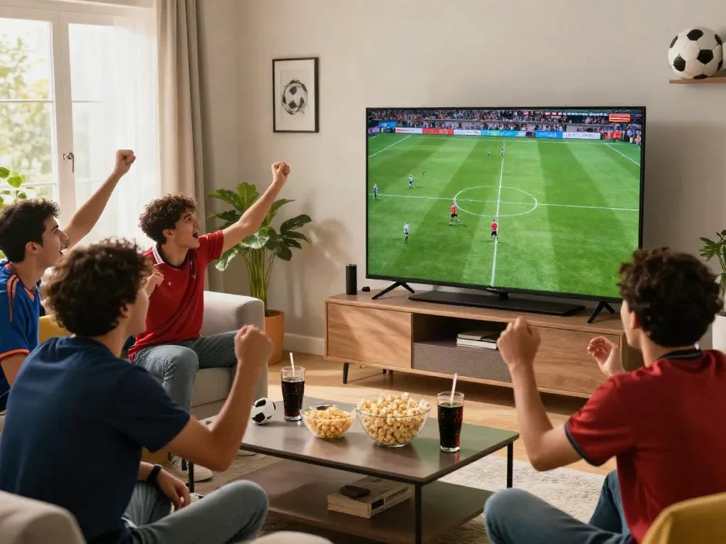 Excited fans enjoying Gavangtv live football stream in a cozy living room.