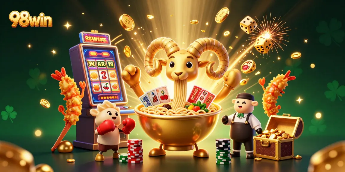 Experience excitement at 98win with a dynamic casino illustration showcasing thrilling games and jackpots.