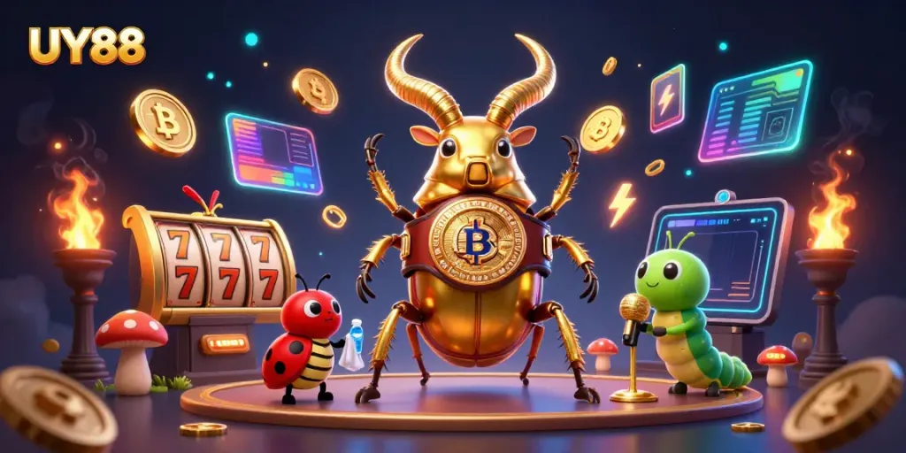 Experience the excitement of UY88 with a lively casino showdown featuring iconic characters and glowing game elements.