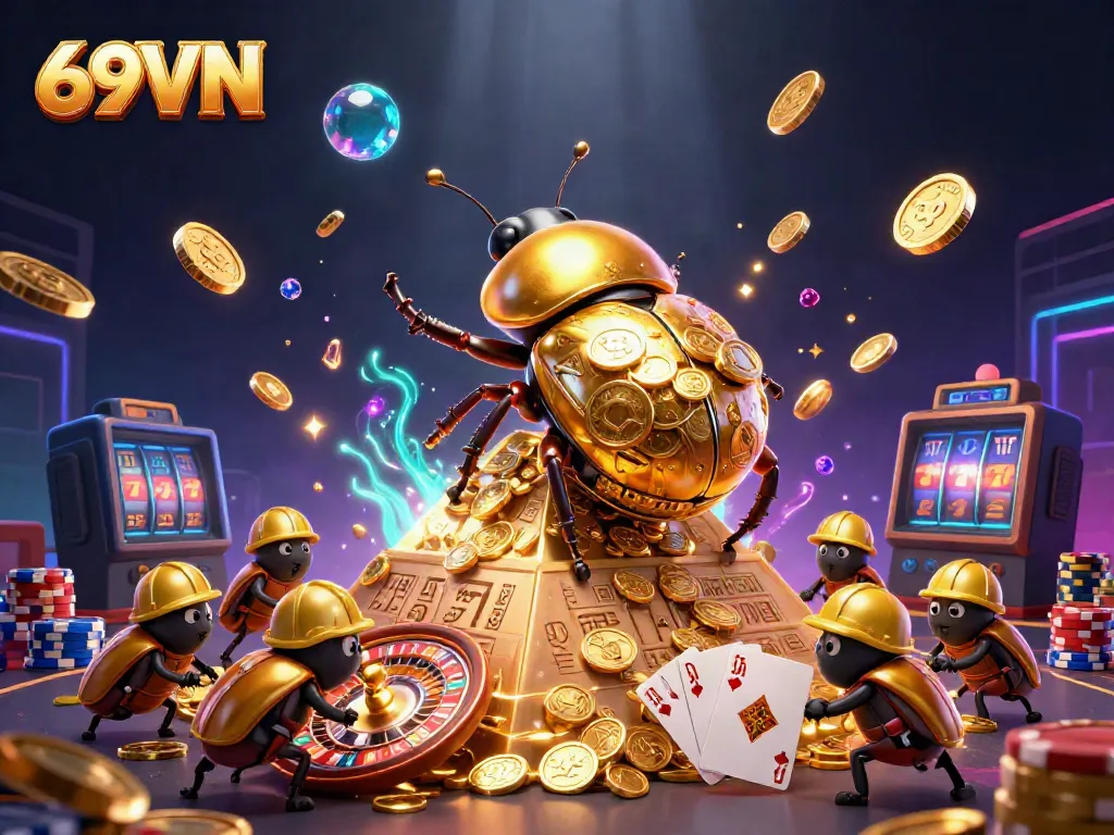 Experience thrilling wins with 69VN, as golden dung beetles roll coins and symbols in a vibrant online casino scene.