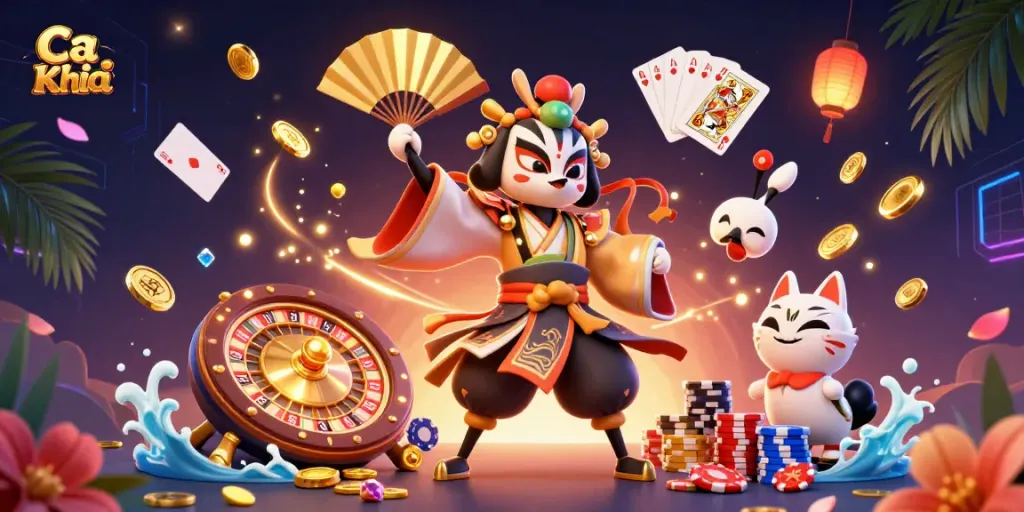 Spin to win with Ca Khia in vibrant casino-themed 3D artwork filled with golden coins.