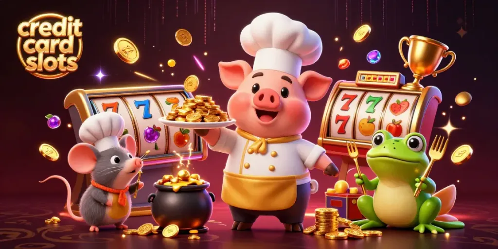 Engage with credit card slots and winnings in a vibrant 3D casino scene.