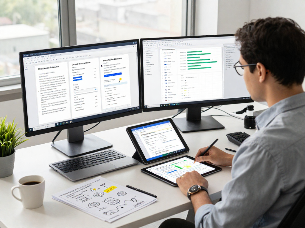 Workspace of an analyst utilizing advanced document fraud detection tools, featuring dual monitors with analytical dashboards and metadata analyses.
