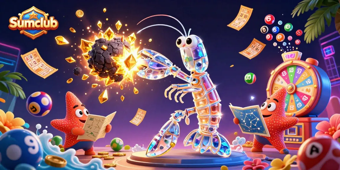 Experience thrilling moments at Sumclub with a galactic mantis shrimp battling asteroids showering golden gems.
