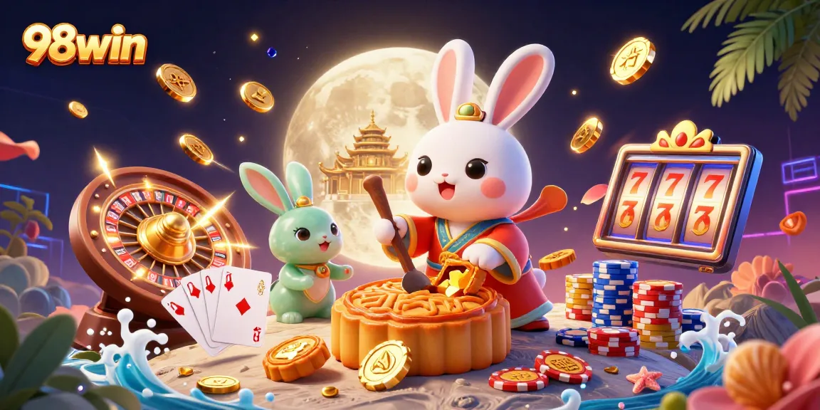 Experience thrilling gameplay at 98win with a magical casino-themed illustration featuring poker chips and payouts.