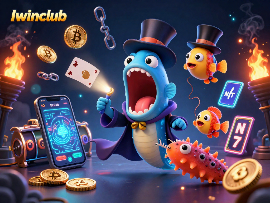 Iwinclub's 3D magical gambling scene with a deep-sea eel performing tricks surrounded by cryptocurrencies.