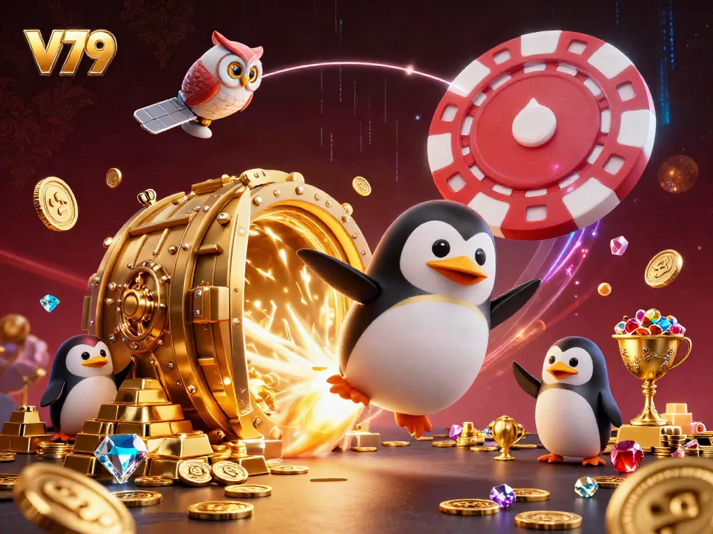 Experience the dazzling V79 casino adventure with golden treasures and exciting gaming elements.