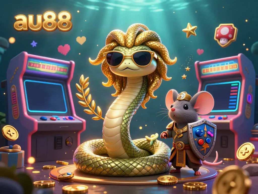 Engage with au88's vibrant gaming scene featuring a friendly Medusa and a warrior mouse amidst dazzling casino elements.