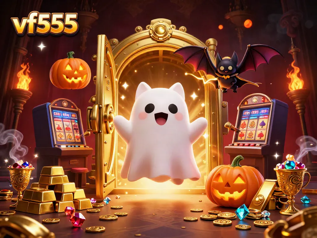 Engage in the thrilling vf555 poker atmosphere with a ghost cat and vampire bat in a haunted casino.