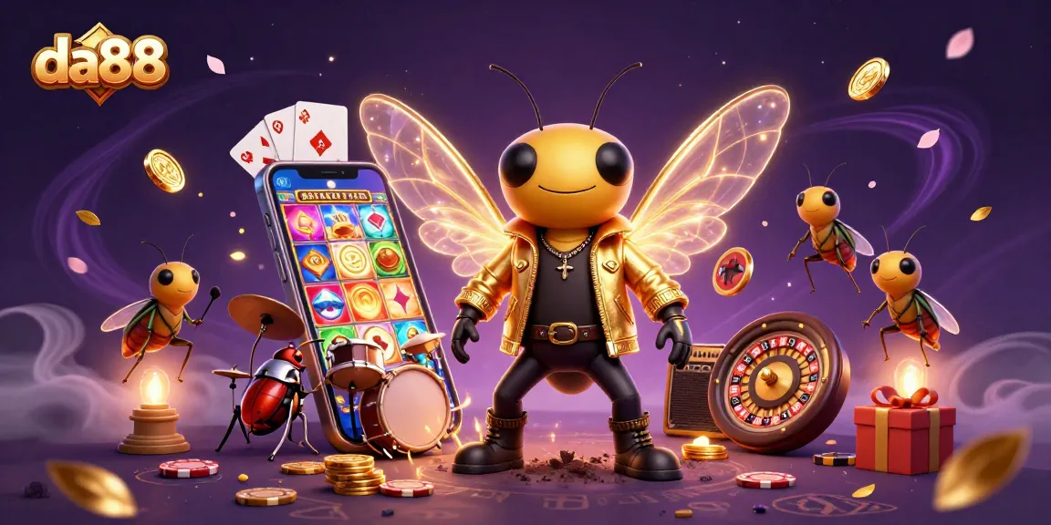 Engage with da88's vibrant casino experience featuring a cicada rock star and dynamic gaming elements.
