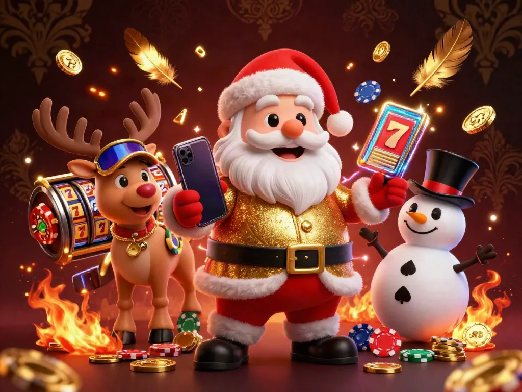 Experience the excitement with Daftar balisot featuring Santa, reindeer, and a snowman in a vibrant casino scene.