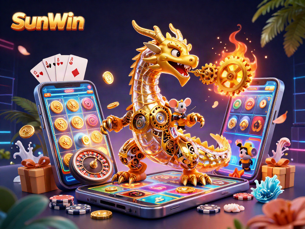 Experience the thrill of SunWin with a golden dragon and vibrant casino elements in play.