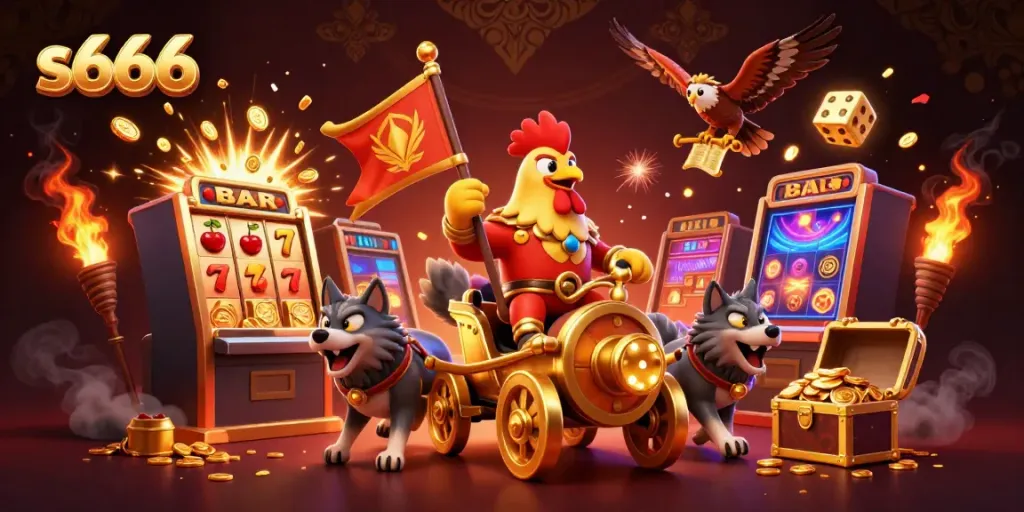 Experience thrilling victories with s666 in this dynamic casino victory scene featuring a cartoon rooster warlord and slot machines.