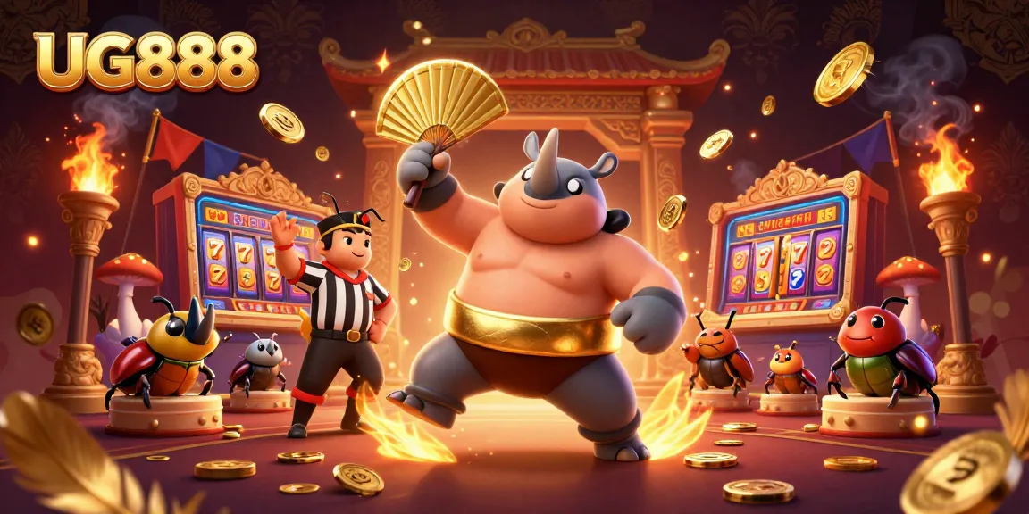 Engaging scene of UG888's rhinoceros beetle sumo champion surrounded by casino elements, vivid and dynamic.