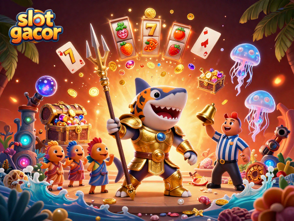 Engage with the thrilling slot gacor scene showcasing a tiger shark and diving casino elements.