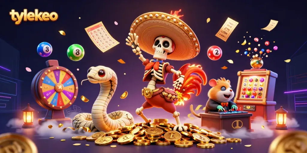 Experience dynamic gaming energy with tylekeo in a festive 3D digital illustration of a mariachi skeleton celebrating on stacked coins.