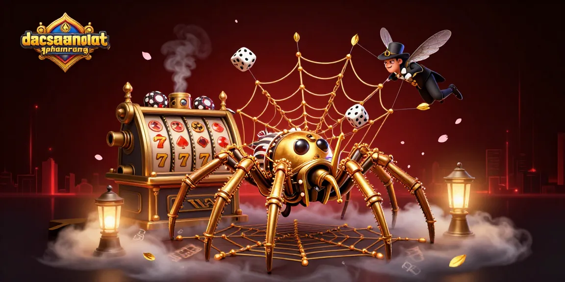Experience dacsandatphanrang's thrilling gambling atmosphere with a steampunk spider, luck symbols, and vibrant decorations.