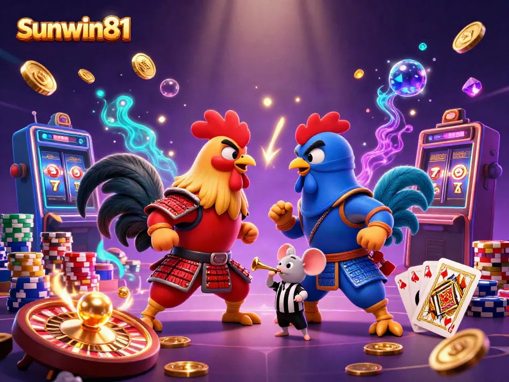 Sunwin81 showcases the vibrant clash of two cartoon fighting roosters in a dynamic casino-themed battle.