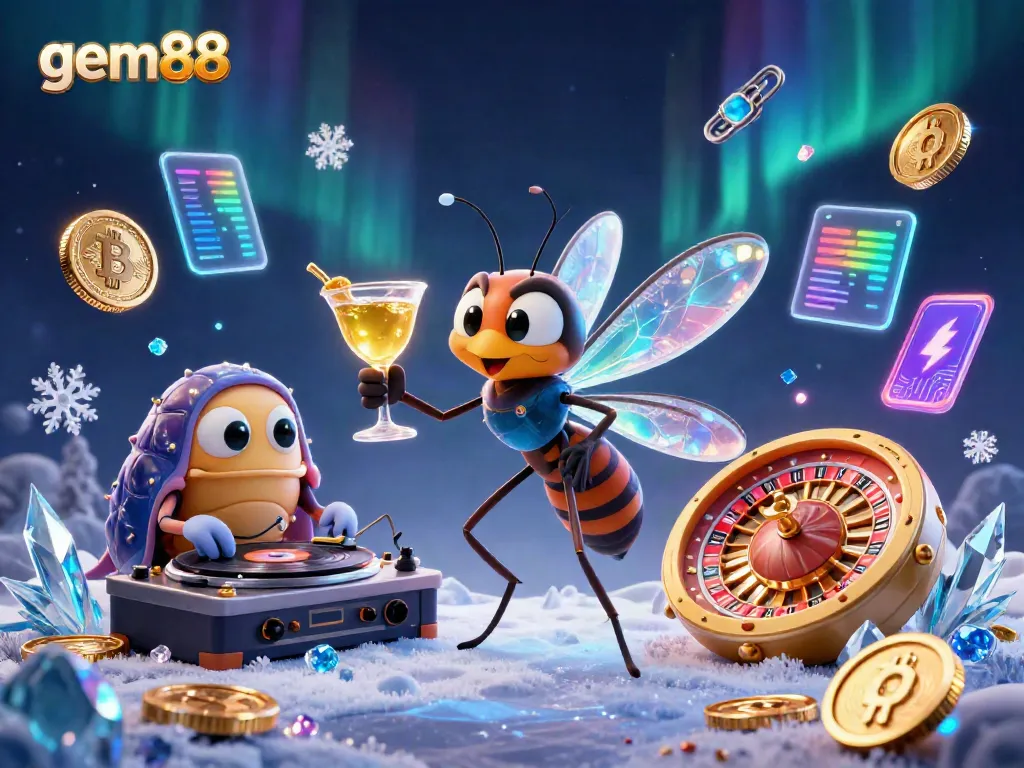 Experience the lively gem88 casino with a unique ambiance featuring a whimsical frozen mosquito mascot, trilobite DJ, and golden roulette wheel.