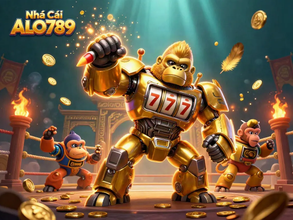 Engaging action scene of Nhà Cái ALO789's mascot, a golden gorilla mech winning at slots with dramatic explosions of coins.