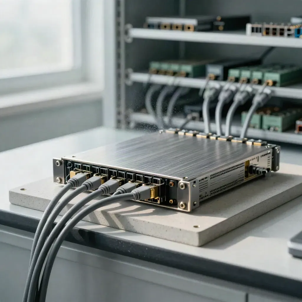Modular server hardware on pale concrete, gold-accented cables, airy lab light.