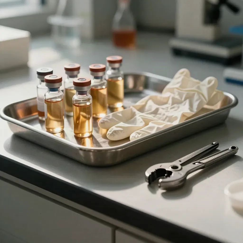 Stainless tray, sample vials, folded gloves and a clamp tool on a cool lab shelf.