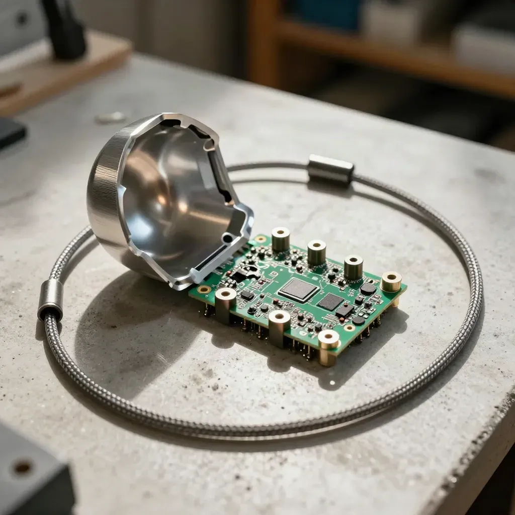 Open prototype shell, PCB edge, spacer posts and braided test lead on concrete.