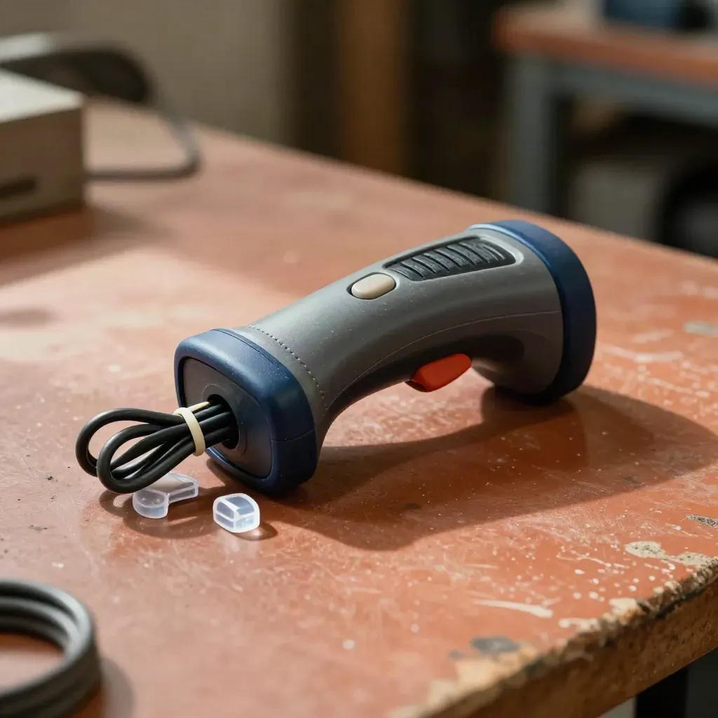 RFID scanner housing, cable ties and corner protectors on a workshop bench in raking light
