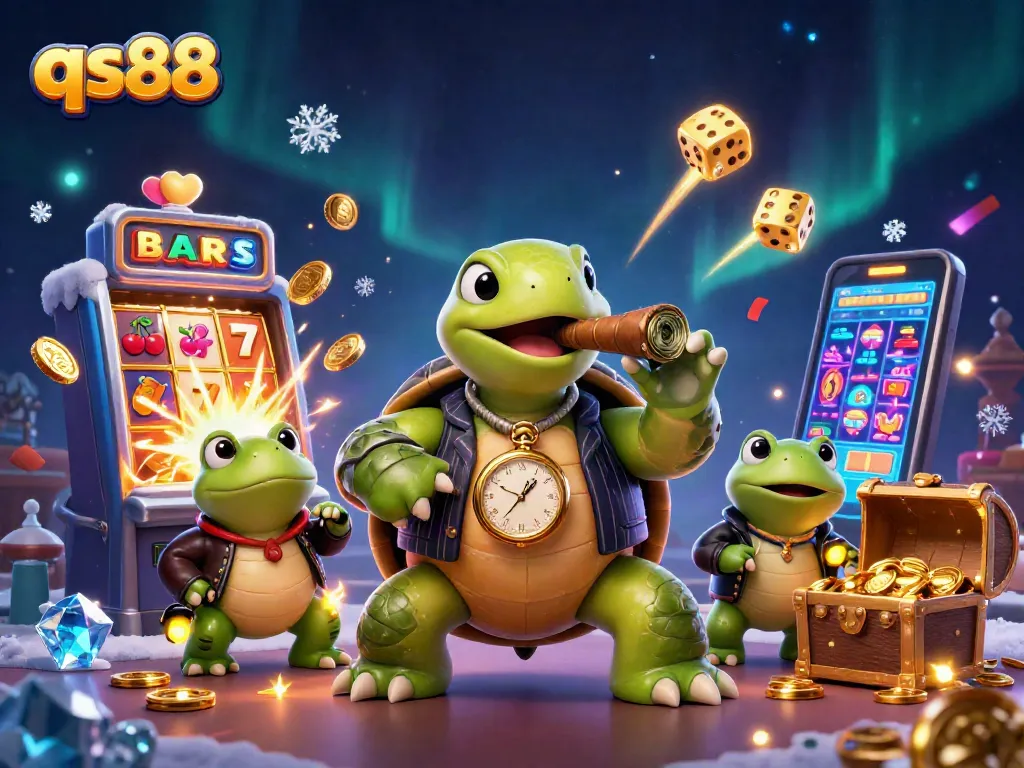 qs88 vibrant casino scene with characters celebrating a jackpot win amidst dazzling lights