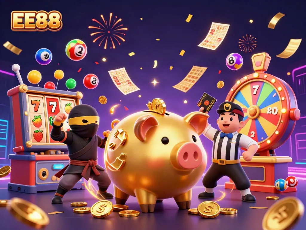 Celebrate with EE88 at a vibrant online casino, featuring dynamic characters and action-packed elements.