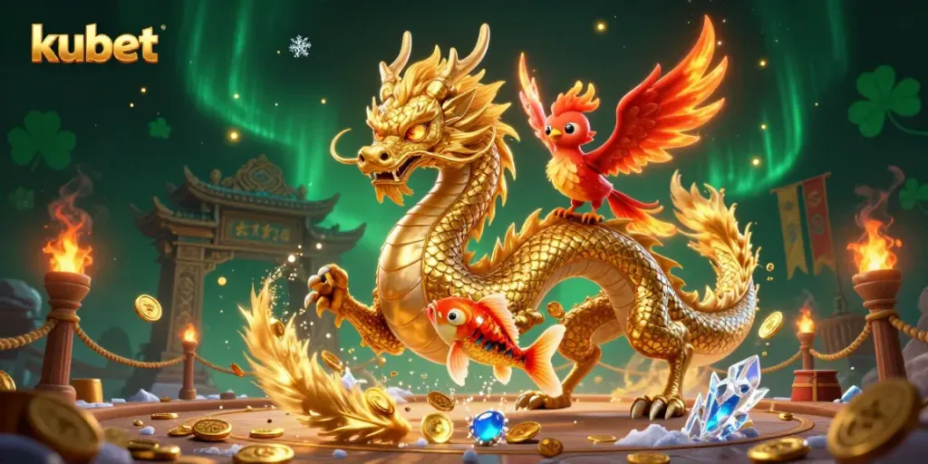 Experience thrilling wins at Kubet casino with a fierce dragon, phoenix, and koi fish amidst gold.