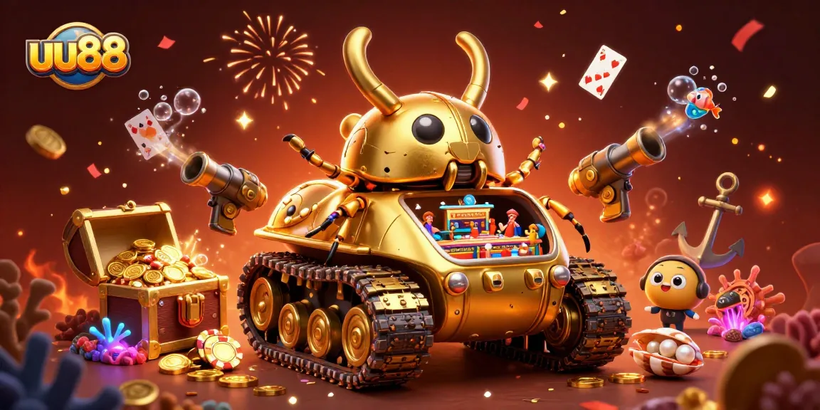 uu88 delights users with a lively casino experience inside a massive golden beetle tank illustration.