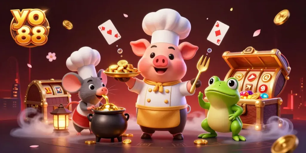 Experience the thrill of yo 88 in a vibrant casino scene with a chef pig and a tasting mouse.