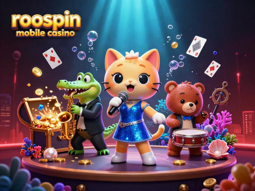 Experience excitement at roospin mobile casino with vibrant characters in a lively casino setting.