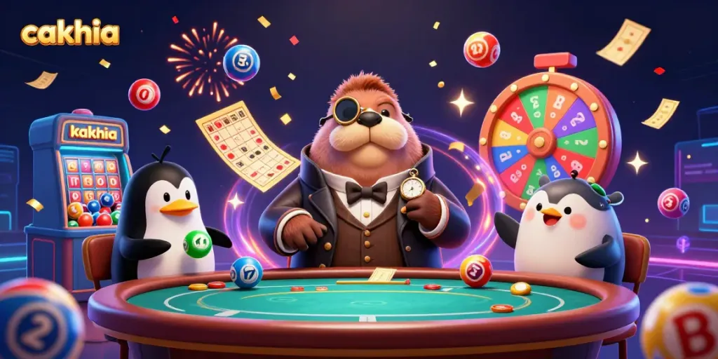 Engage in thrilling gameplay with Cakhia as the jolly walrus at a vibrant poker table.