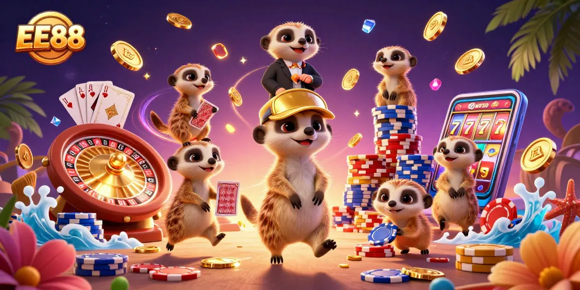 Experience thrilling gaming at EE88 casino with lively meerkats orchestrating a vibrant casino scene.