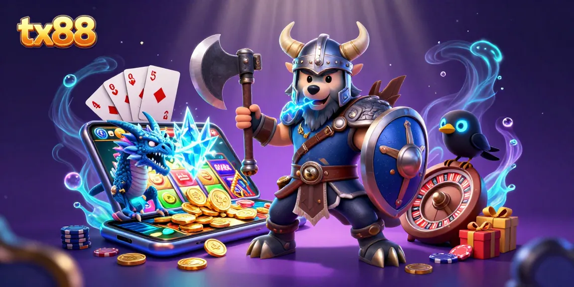 Engage with captivating tx88 slot games featuring a Viking wolf, ice dragon, and dynamic casino elements.