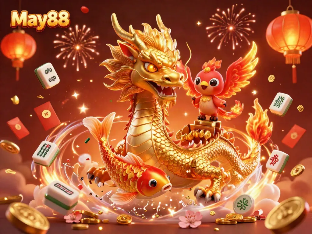 Experience thrilling moments at May88 with the fierce dragon, phoenix, and koi fish amidst vibrant casino elements.